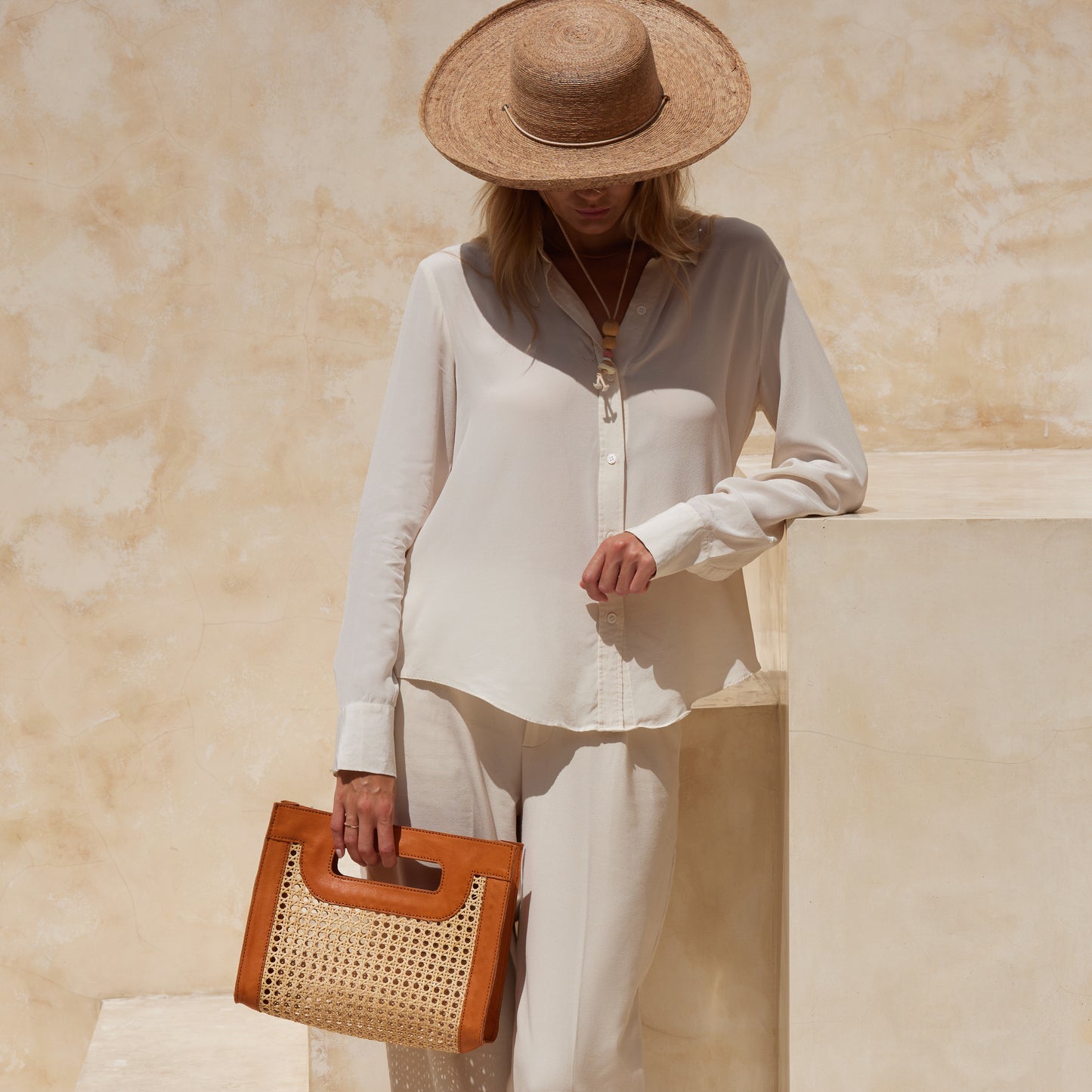 Rattan Cane Weave Handbag with Brown Leather Trim