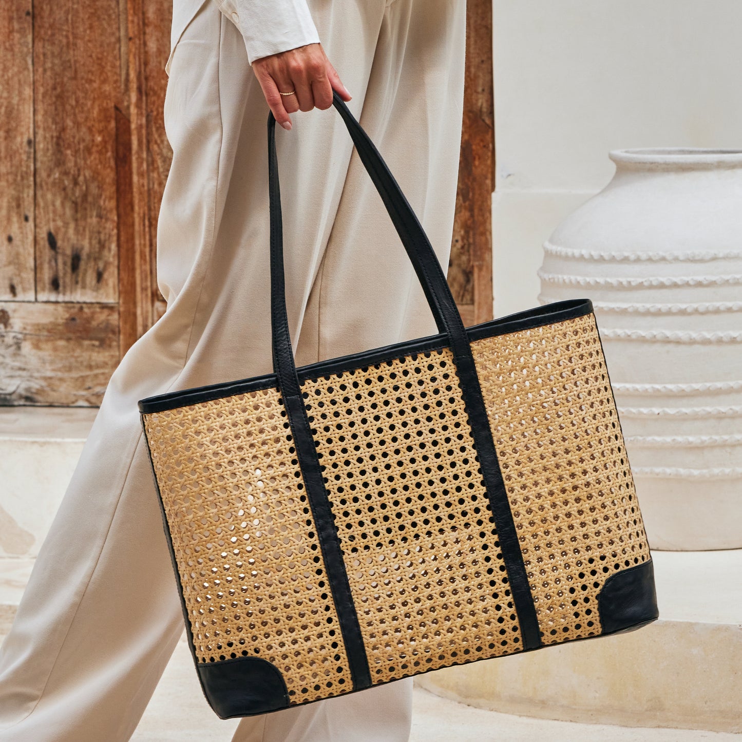 Rattan Large Cane Weave Woven Tote with Black Leather Trim