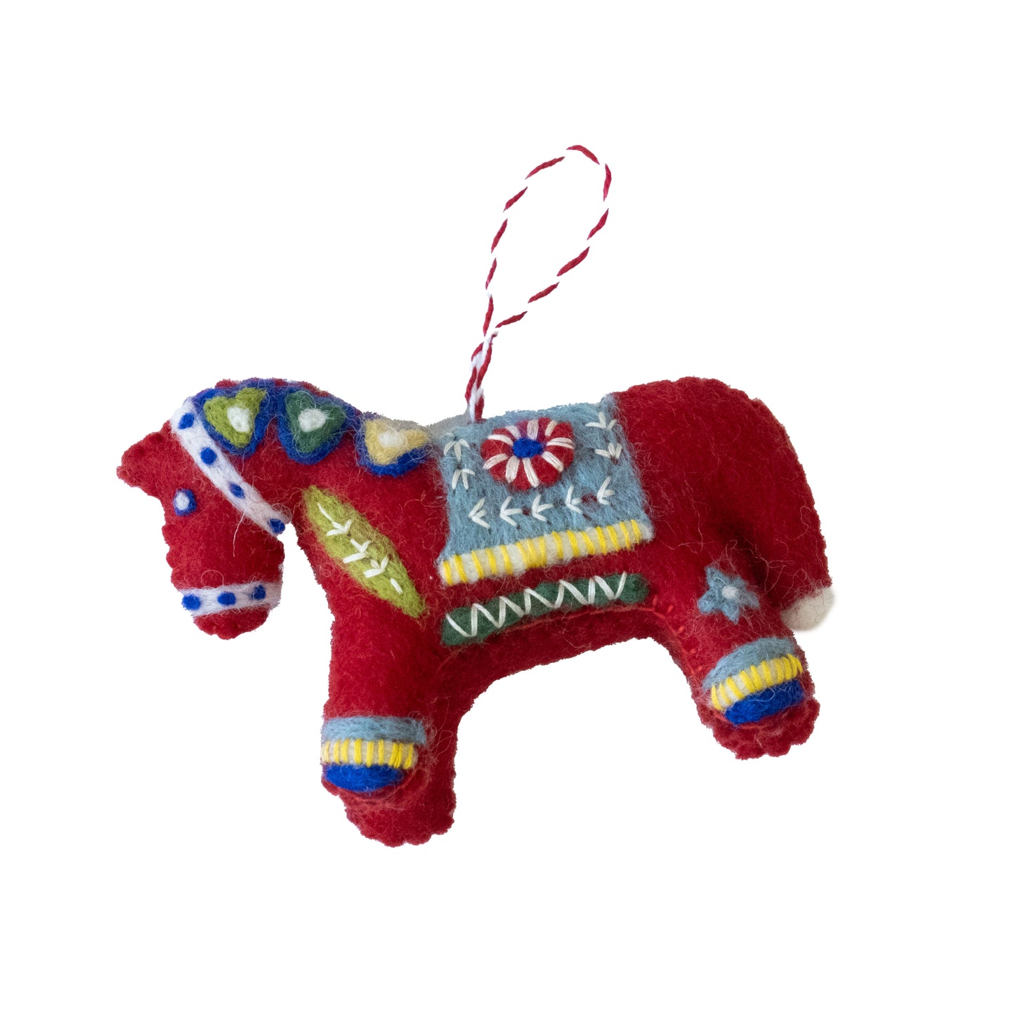 Ornament - Red Swedish Dala Horse, hand embroidered