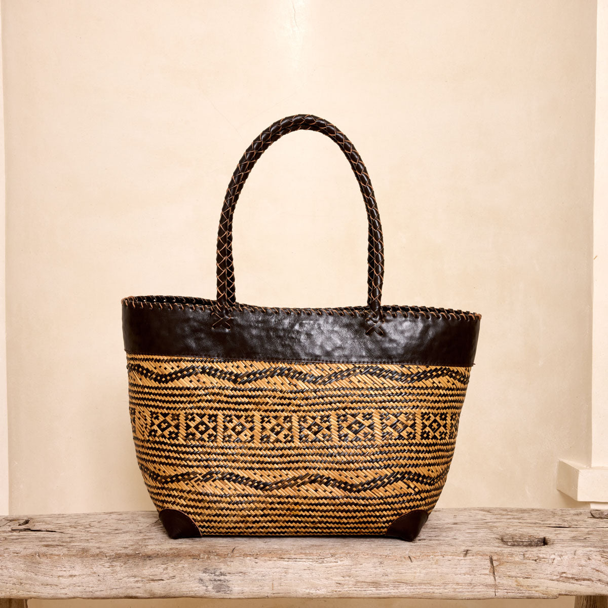 Rattan Woven Tote Bag - Tribal Pattern