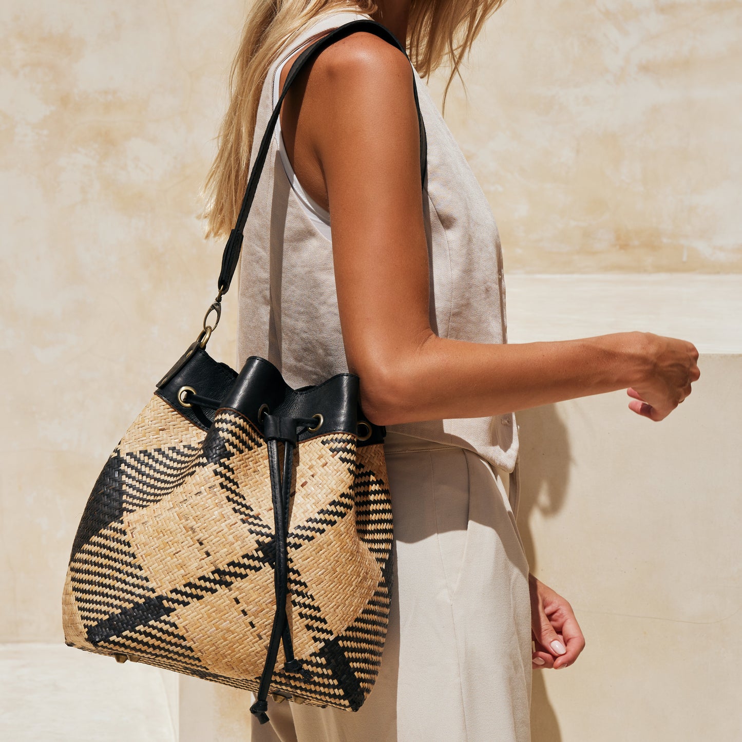 Rattan Sling Bag - Black and Ivory Plaid Weave, Leather Trim