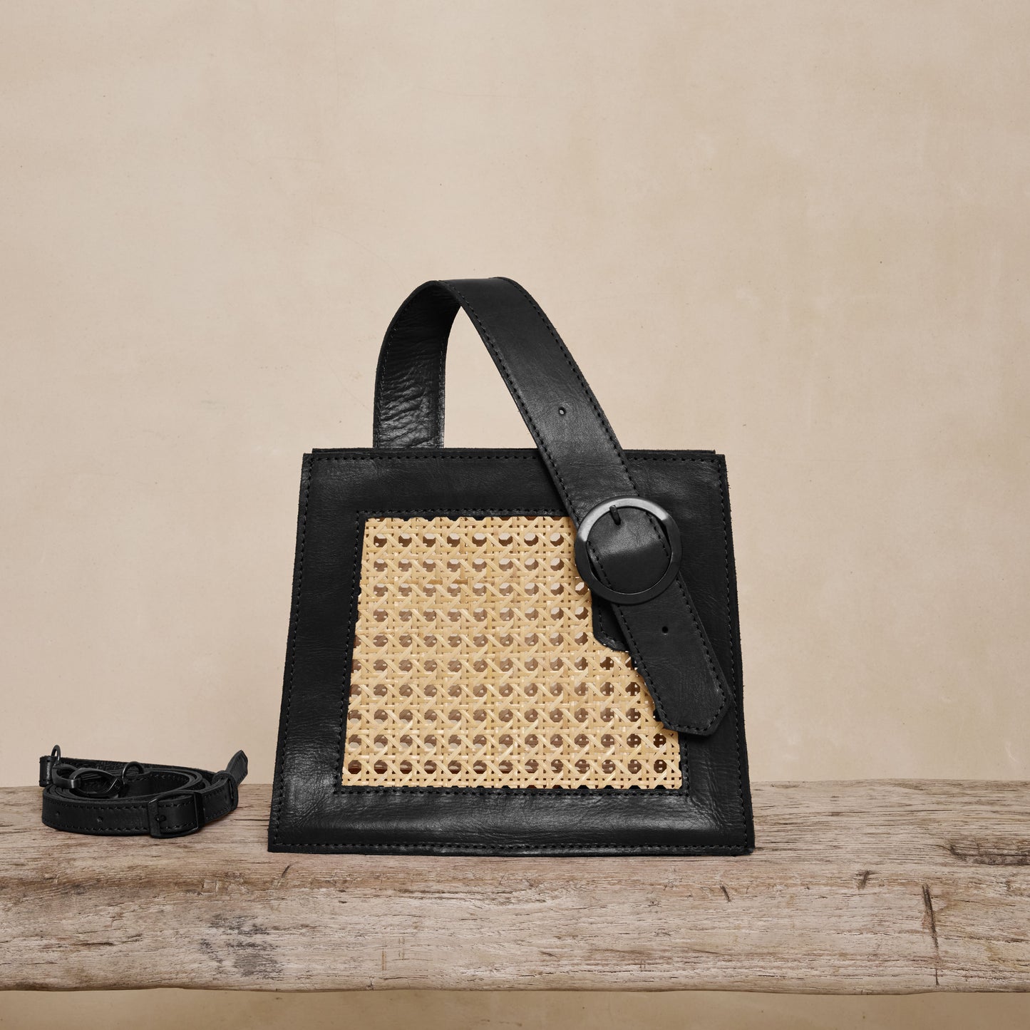 Rattan Black Cane Summer Resort Handbag with Buckle