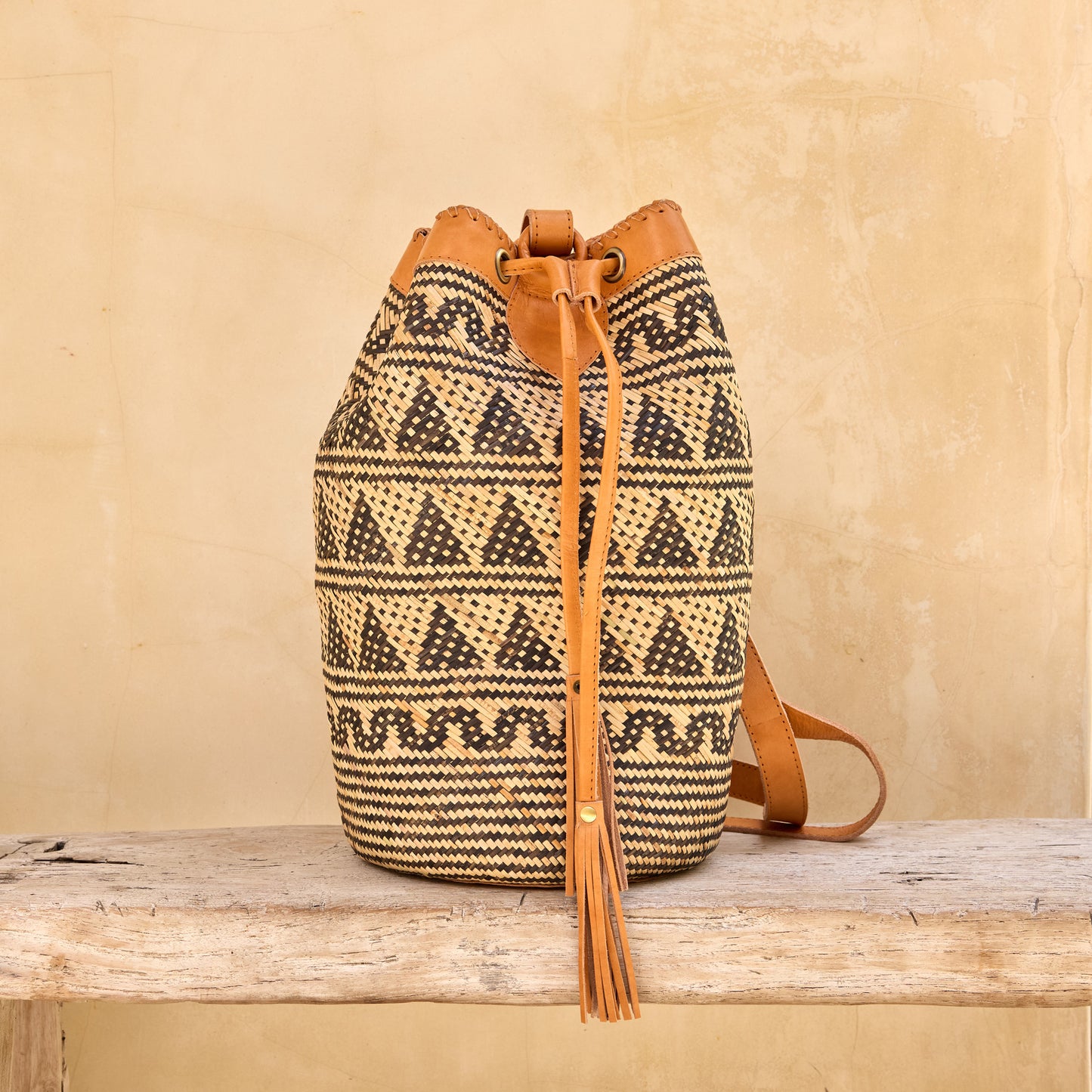 Rattan Sling Bag - Tribal Patten with Light Leather -  Large