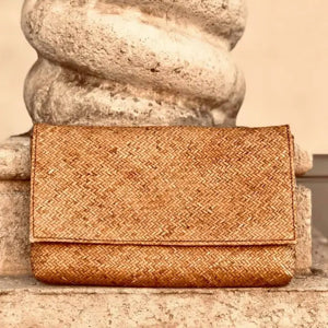 Rattan Summer Clutch with Batik Print Lining - Brown