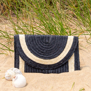 Straw Summer Resort Clutch - Black with Ivory Trim