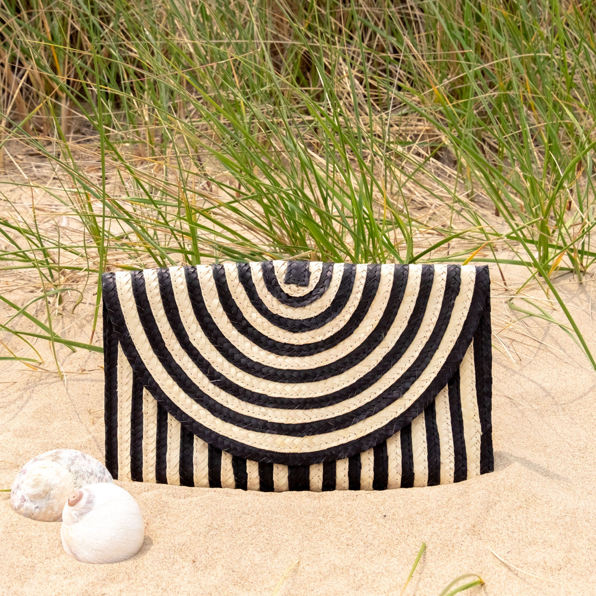 Straw Summer Resort Clutch Black and White Stripe