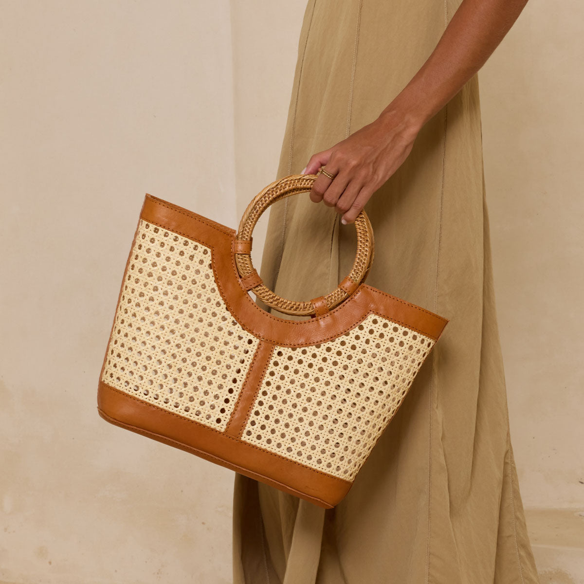 Rattan Brown Leather Large Square Cane Weave Tote Handle