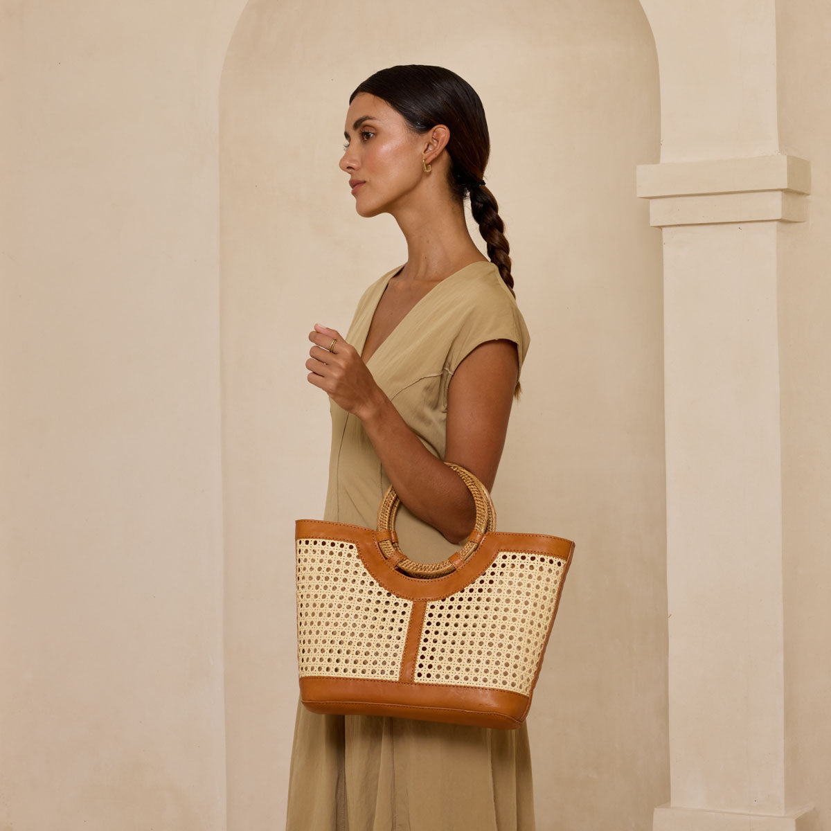 Rattan Brown Leather Large Square Cane Weave Tote Handle