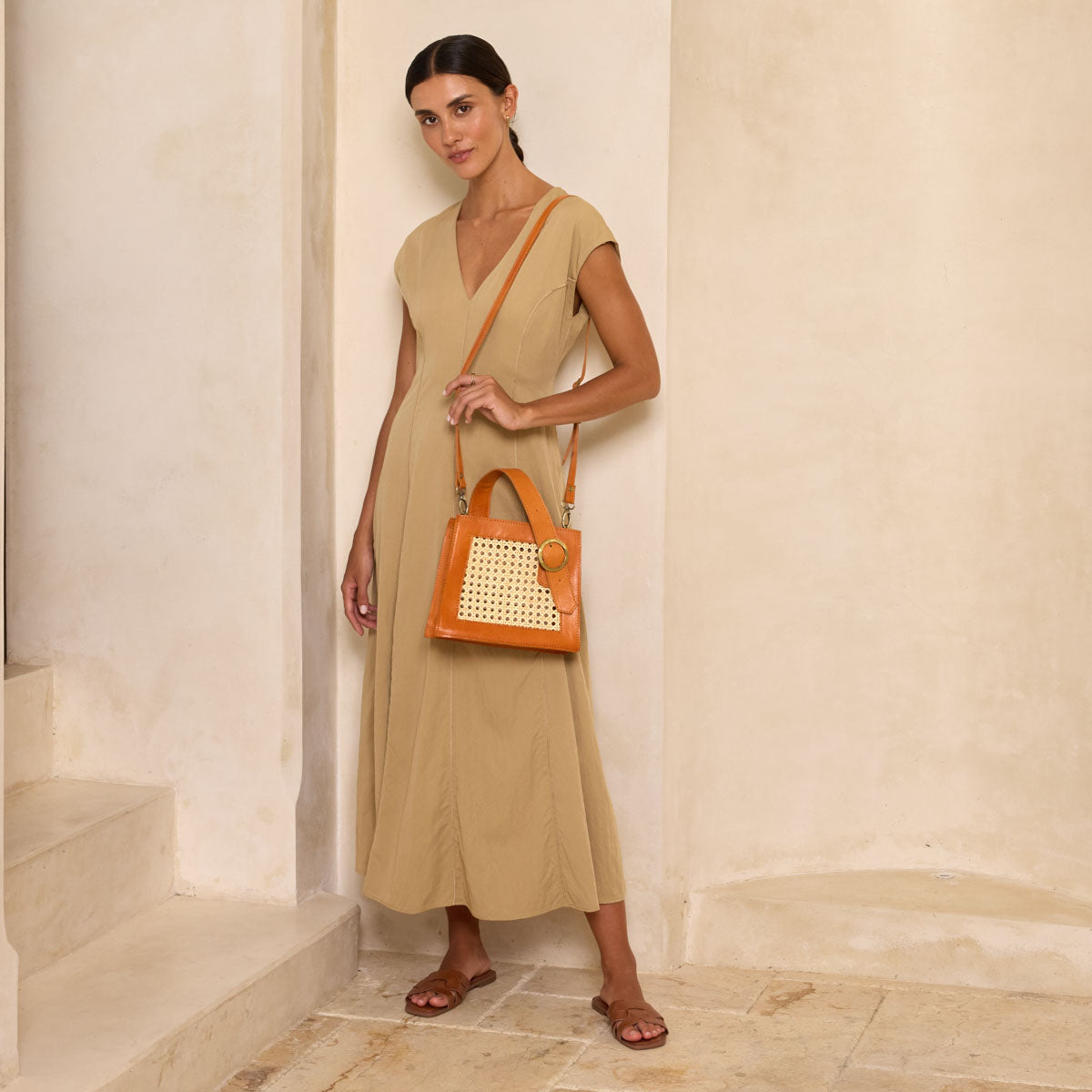 Rattan Brown Cane Summer Resort Handbag with Buckle