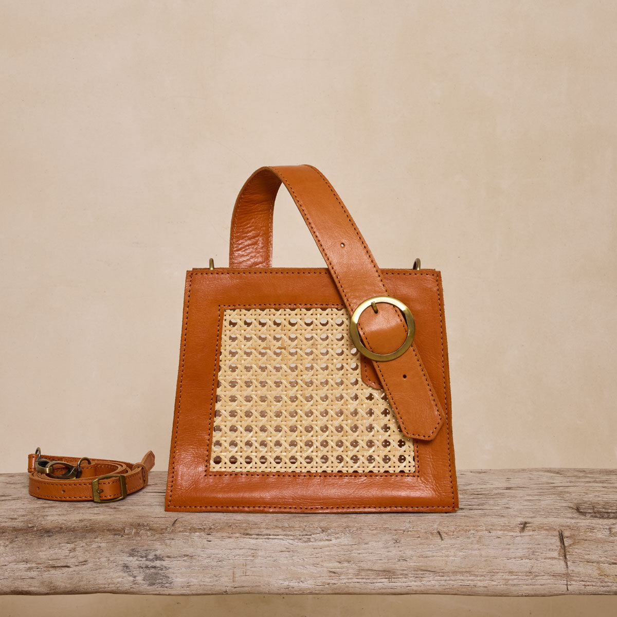 Rattan Brown Cane Summer Resort Handbag with Buckle