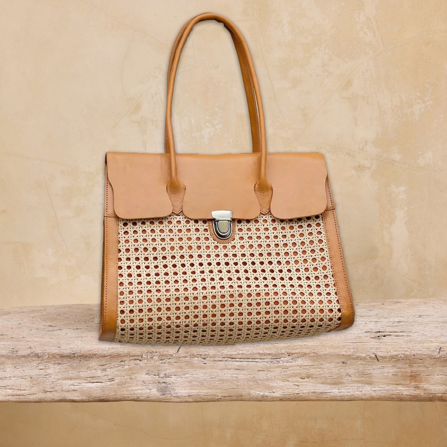 Rattan Cane Weave Resort Satchel with Leather Trim