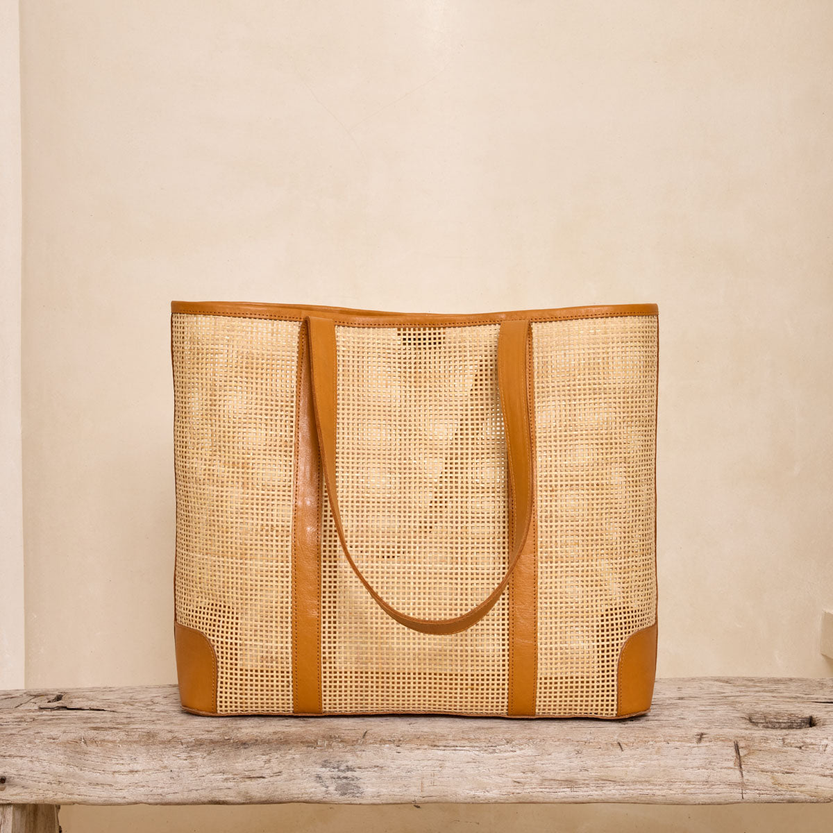 Rattan Oversized Square Weave Tote Brown Leather Crosshatch