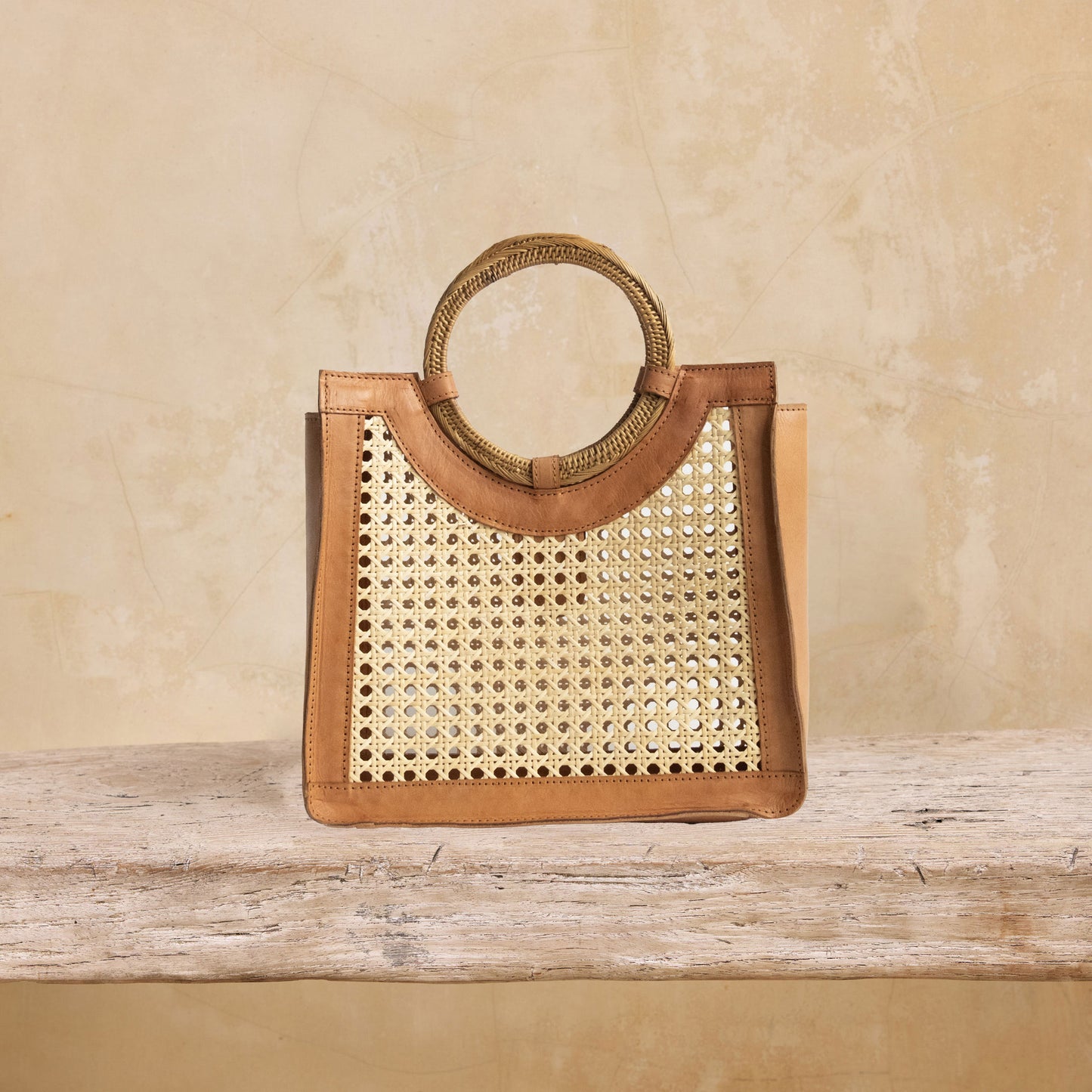 Rattan Summer Handbag with Round Handle Cross Hatch