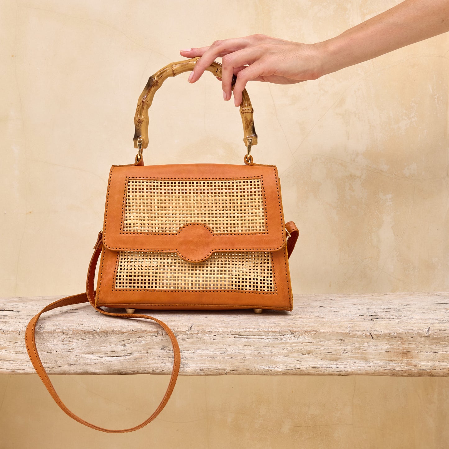 Rattan Crosshatch Weave Handbag with Bamboo Handle