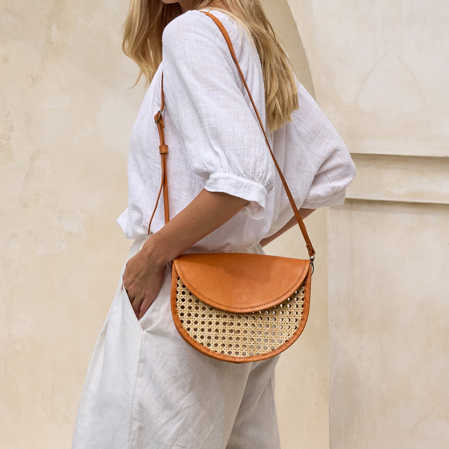 Rattan Cane Weave Rattan Half Circle Summer Crossbody Bag