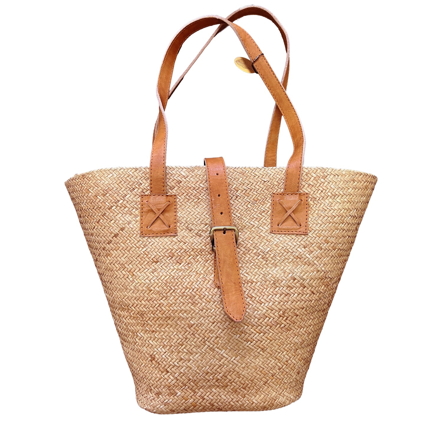 Rattan Beach Basket Tote Bag with Light Brown Leather Trim