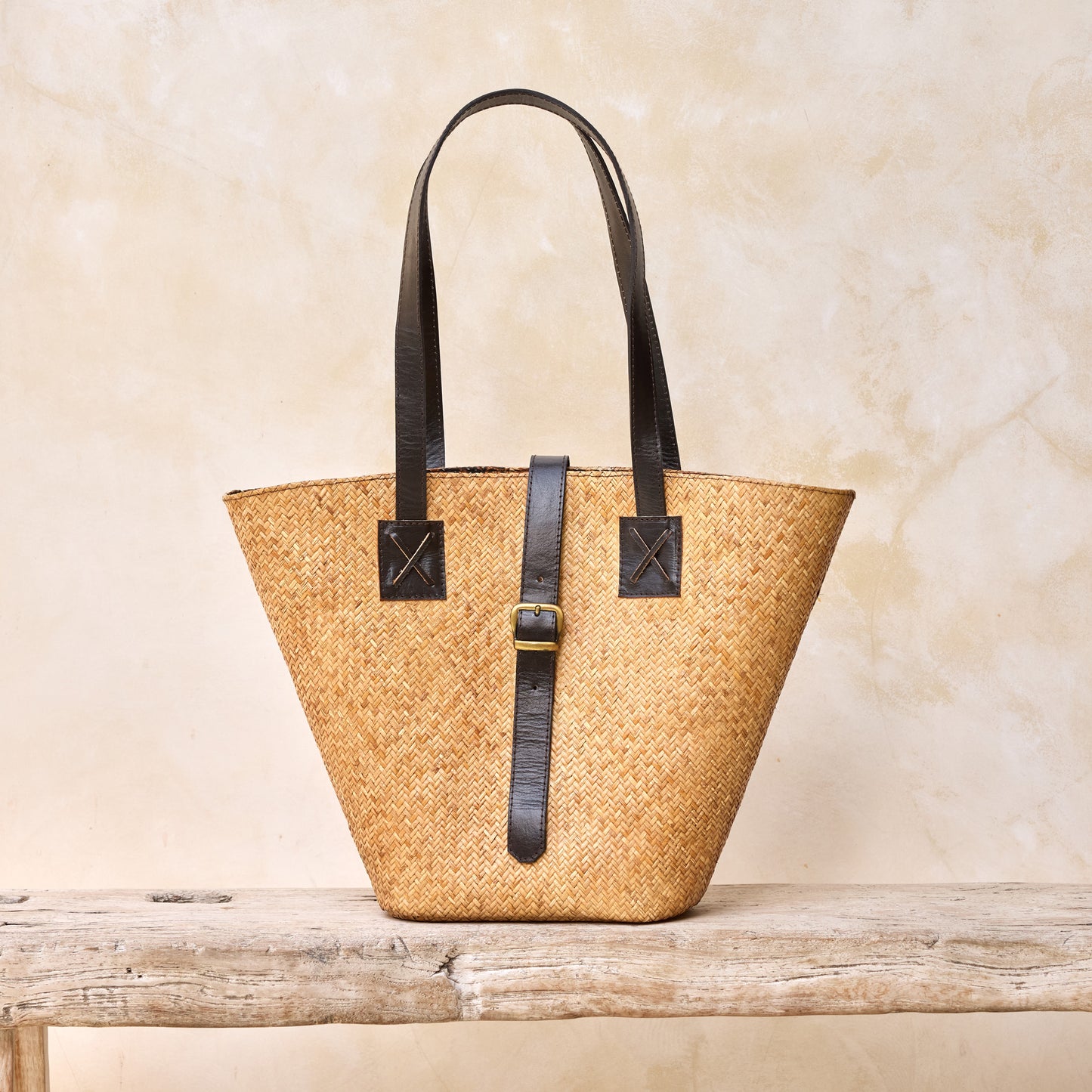 Rattan Beach Basket Woven Tote Bag with Dark Leather Trim