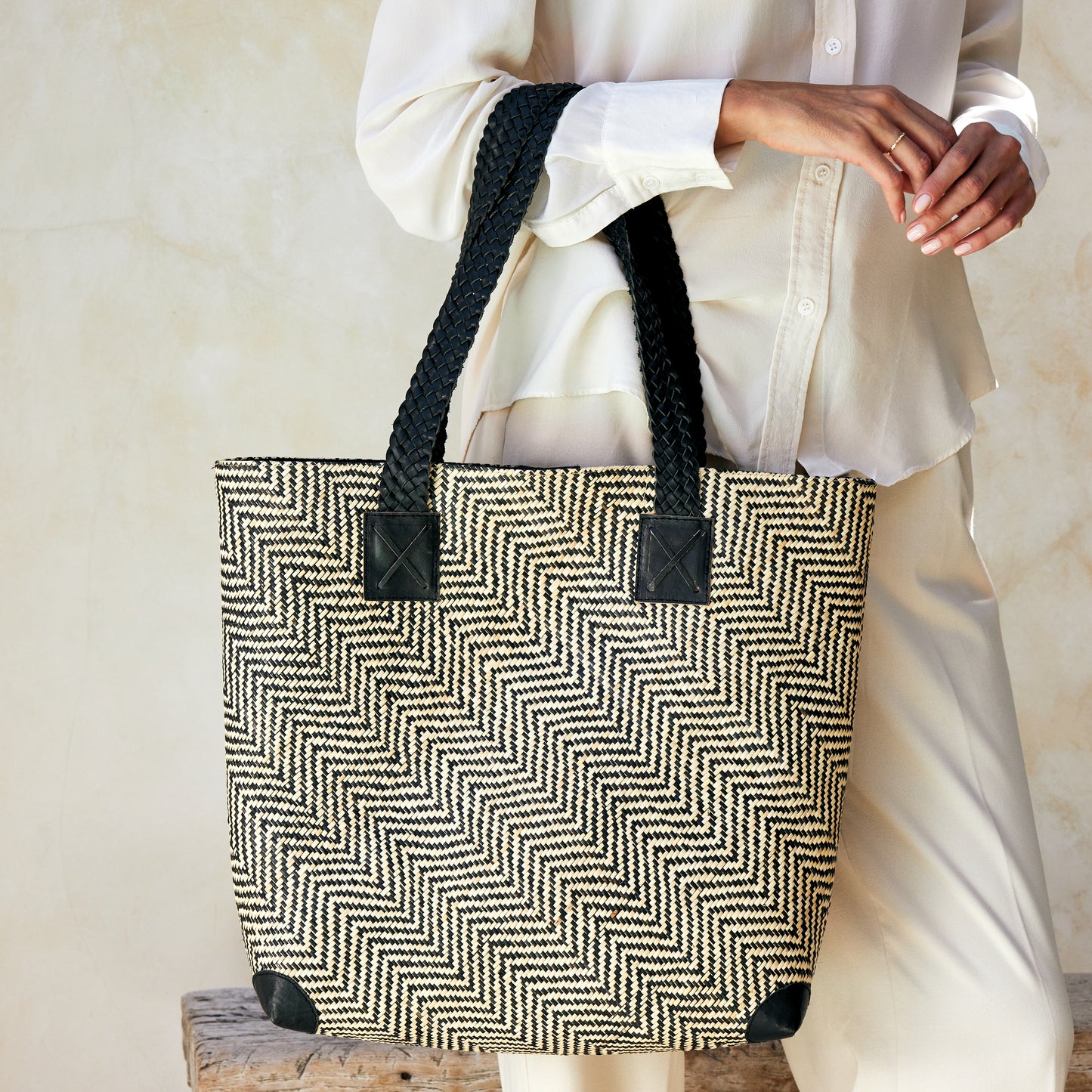 Rattan Oversized Woven Tote Bag with Black Leather Trim