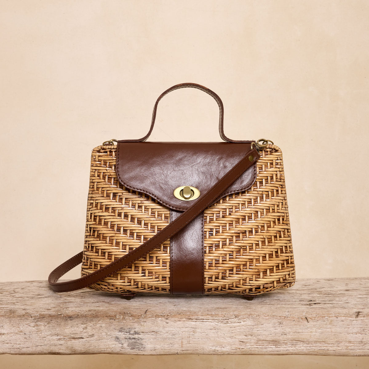 Rattan Dark Brown Leather Strap Handbag Crossbody