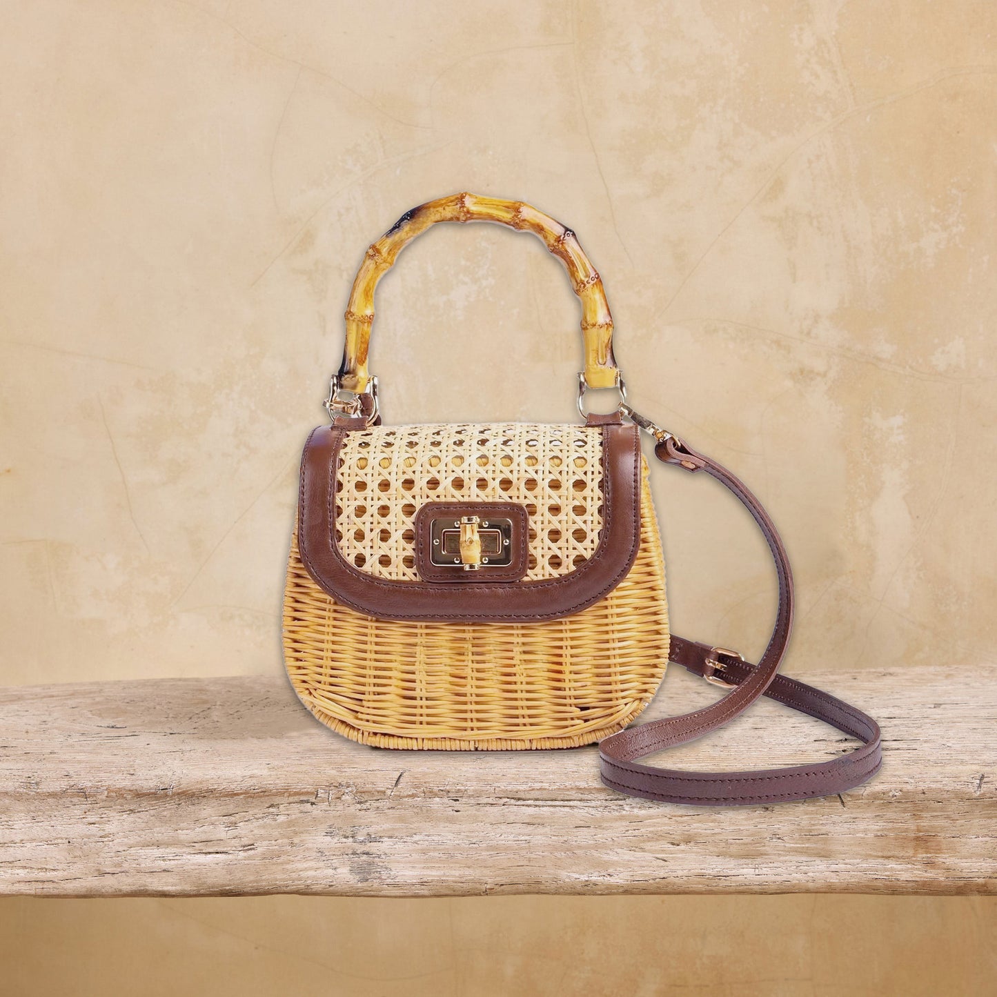 Rattan Cane Small Hand Bag / Crossbody with bamboo handle