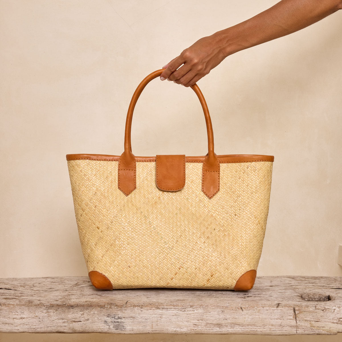 Rattan Ivory Woven Tote Summer with Rolled Leather Handle