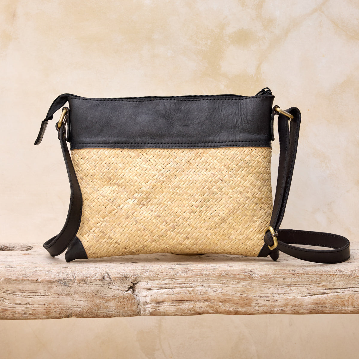 Rattan Summer Resort  Crossbody Bag with Dark Leather Trim