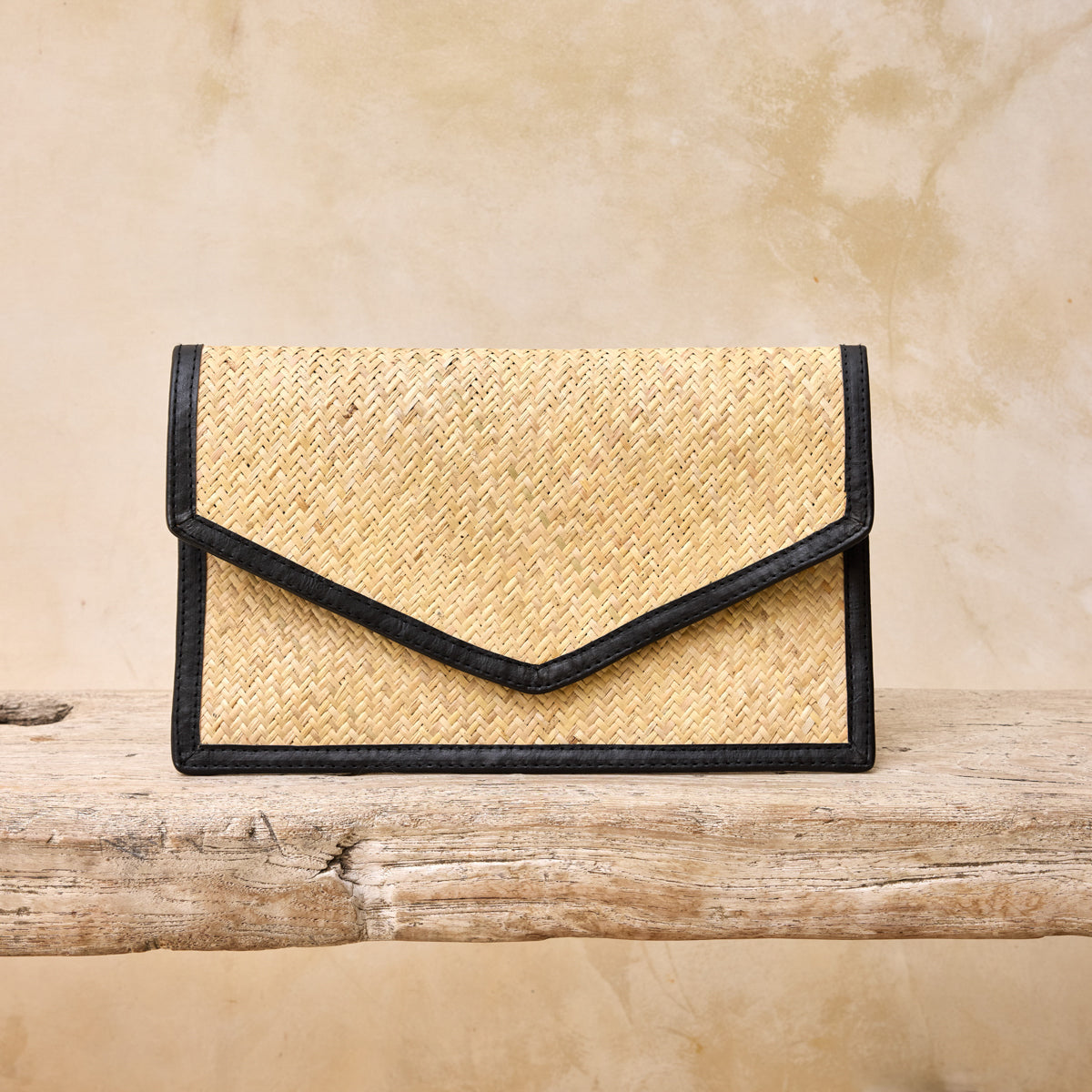 Ivory Rattan Summer Resort Clutch with Black Leather Trim