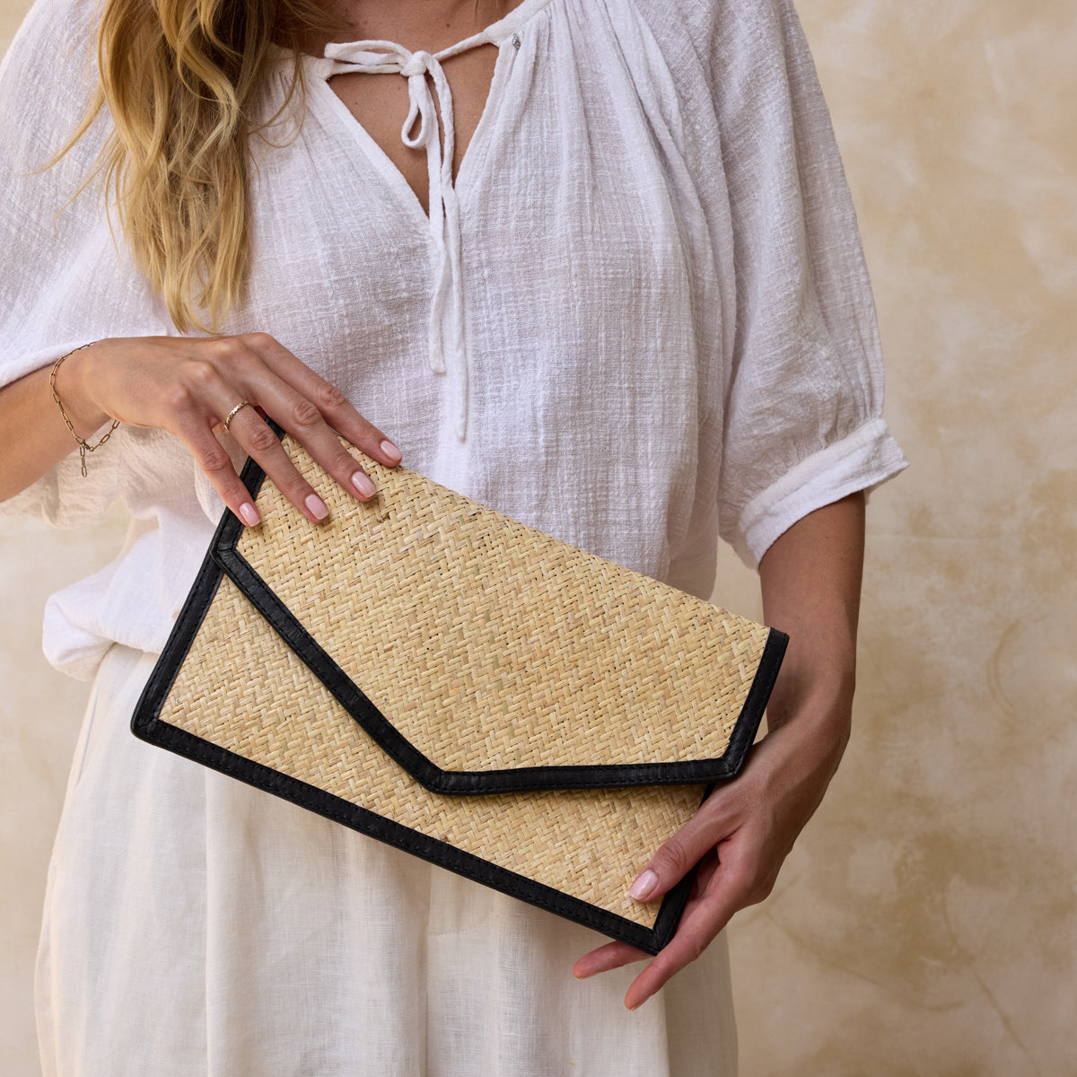 Ivory Rattan Summer Resort Clutch with Black Leather Trim