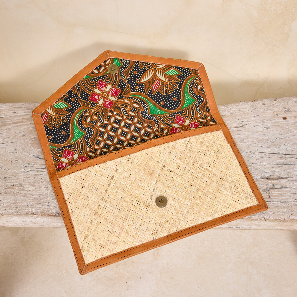 Ivory Rattan Summer Resort Clutch with Brown Leather Trim